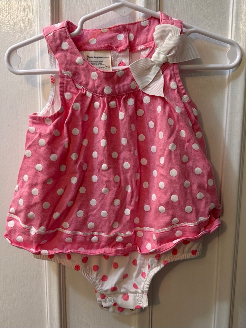 First Impressions Pink Polka Dot Diaper Cover Dress with White Bow